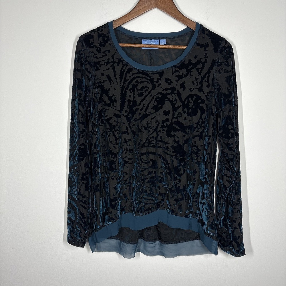 Simply Vera Vera Wang Women Velvet Burnout Top Size L Teal Blue Black Whimsigoth